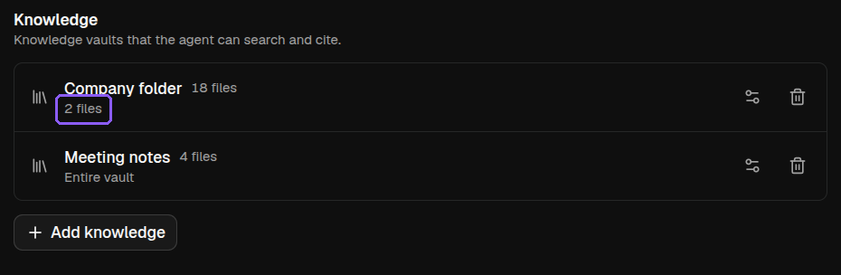 The Knowledge section listing a vault narrowed to selected folders and files
