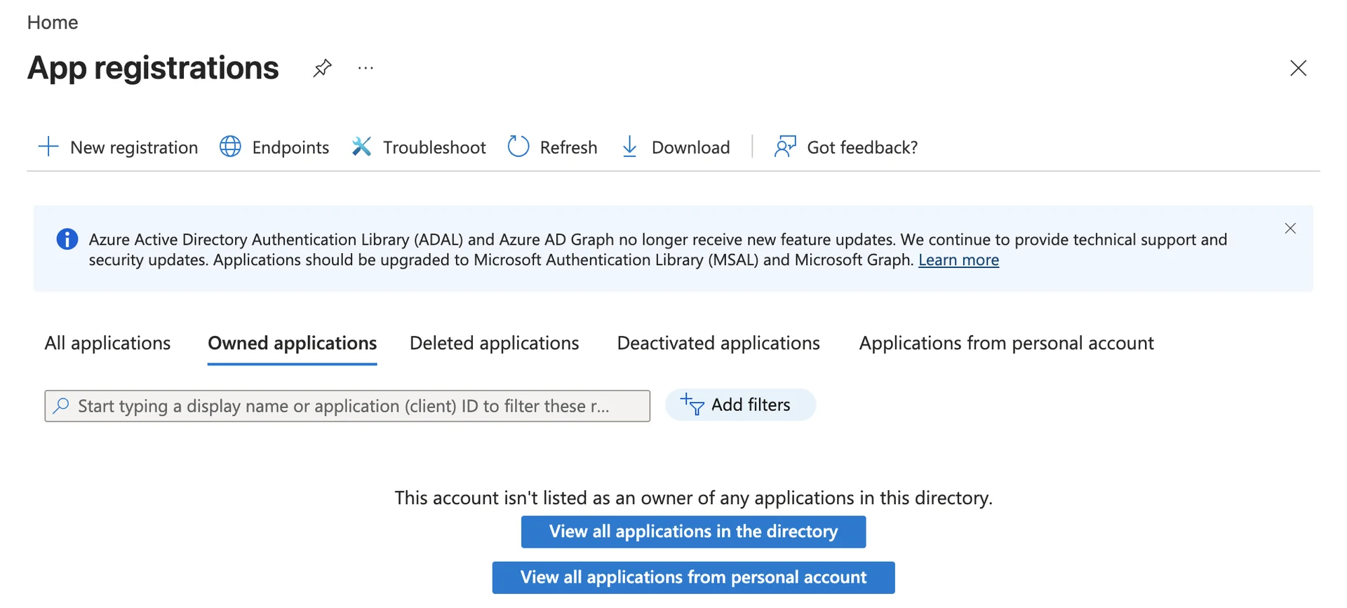 The App registrations page in the Microsoft Entra admin center, with New registration first in the toolbar and no applications owned yet.