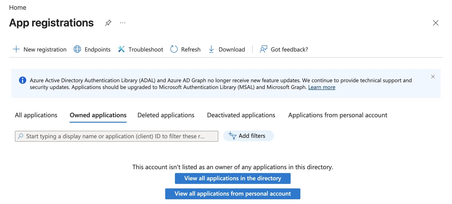 The App registrations page in the Microsoft Entra admin center, with New registration first in the toolbar and no applications owned yet.