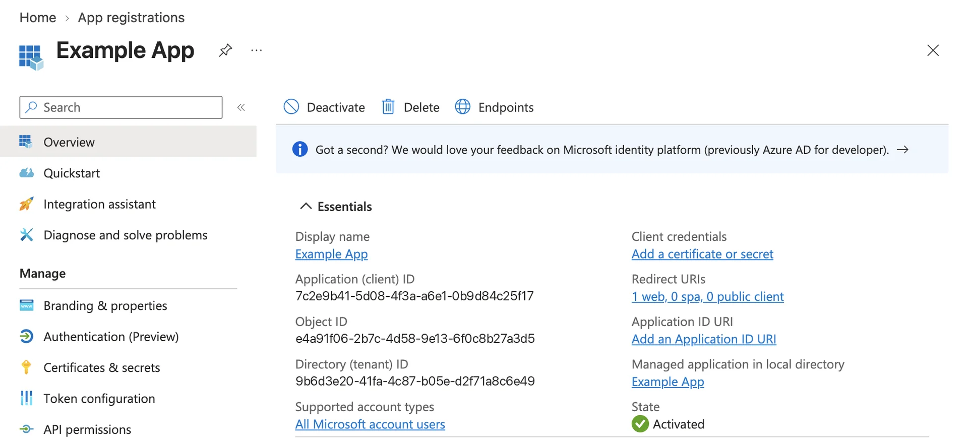 The Overview of Example App: its application (client) ID, object ID and directory (tenant) ID, one web redirect URI, and supported account types All Microsoft account users.