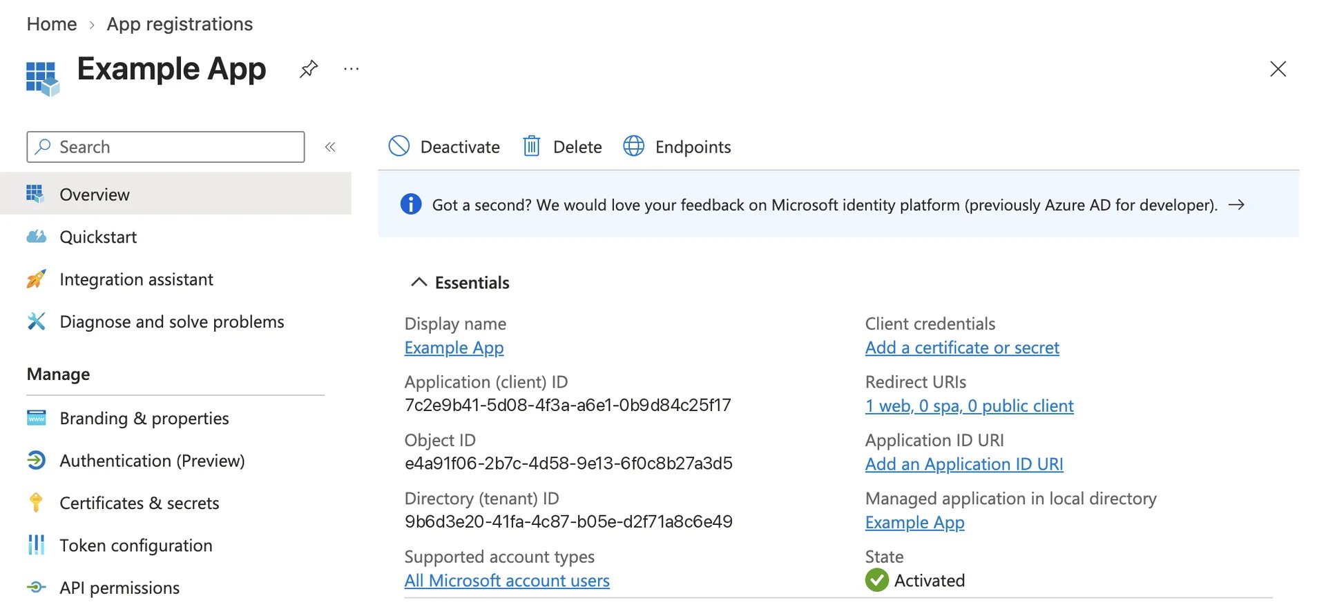 The Overview of Example App: its application (client) ID, object ID and directory (tenant) ID, one web redirect URI, and supported account types All Microsoft account users.