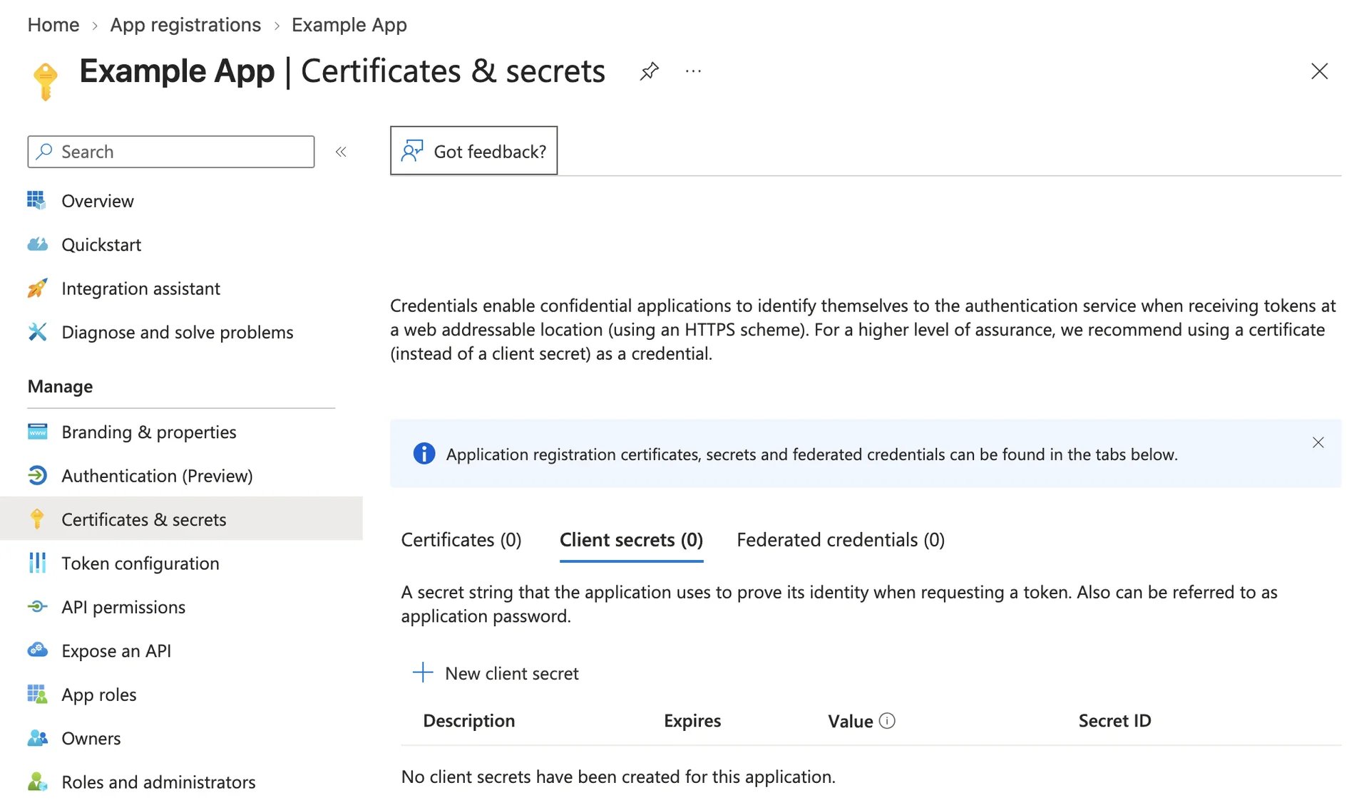 The Certificates & secrets page of Example App on its Client secrets tab, with New client secret above an empty list.