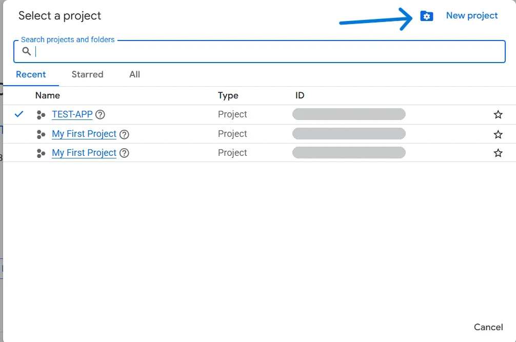 The Google Cloud project picker, with an arrow pointing at New project in its top-right corner.