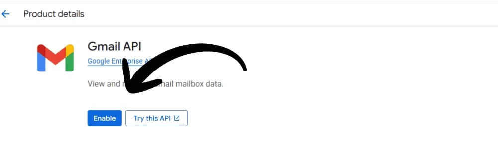 The Gmail API's page in the API library, with an arrow pointing at the blue Enable button.