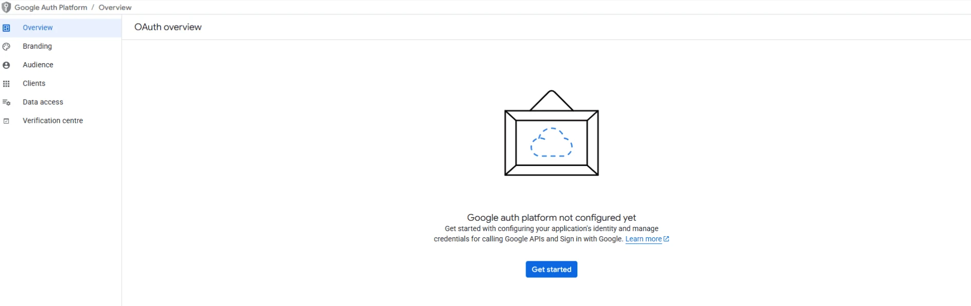 Google Auth Platform's overview page saying the platform is not configured yet, with a Get started button.