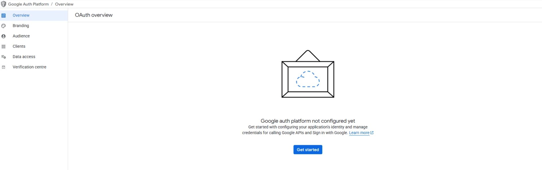 Google Auth Platform's overview page saying the platform is not configured yet, with a Get started button.