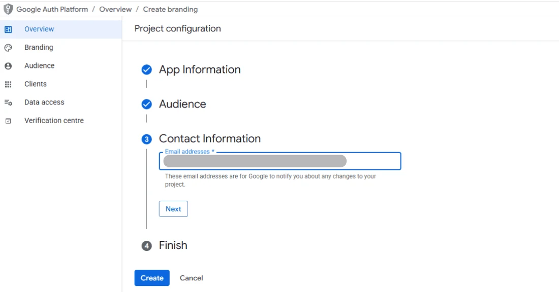 The Contact information part of the form, with an email address entered.