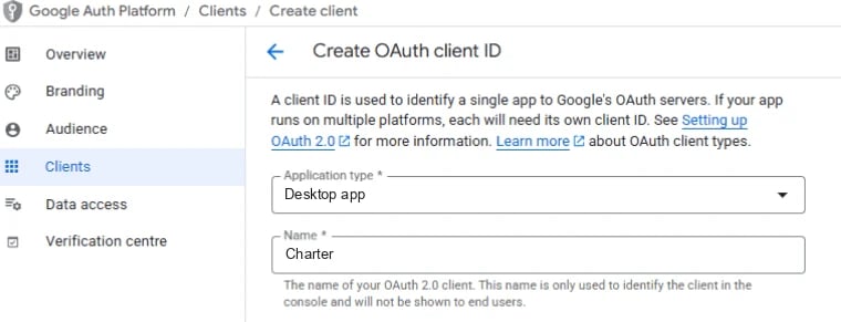 The Create OAuth client ID form, with Application type set to Desktop app and the name Charter.