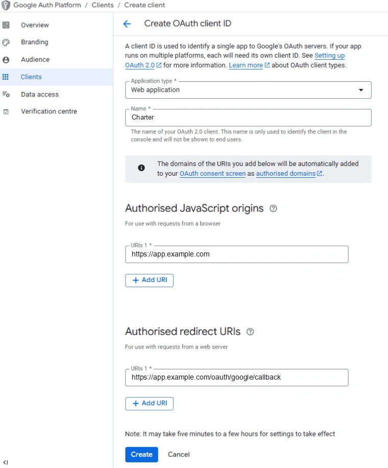 The Create OAuth client ID form for a Web application, with https://app.example.com as the JavaScript origin and https://app.example.com/oauth/google/callback as the redirect URI.