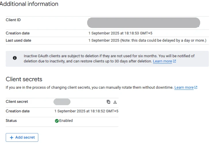 A client's details page: the client ID, a Client secrets section with one secret shown masked, and an Add secret button.