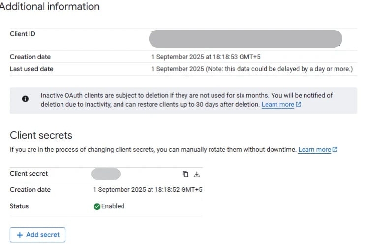 A client's details page: the client ID, a Client secrets section with one secret shown masked, and an Add secret button.