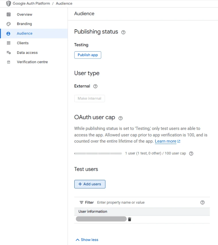 The Audience page: publishing status Testing with a Publish app button, user type External, and an Add users button under Test users.