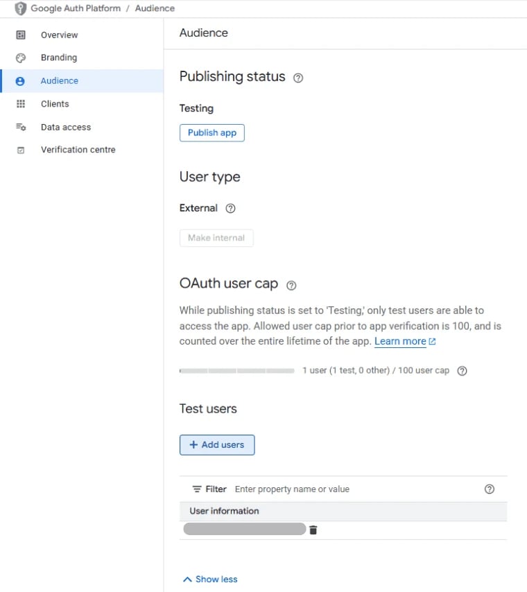 The Audience page: publishing status Testing with a Publish app button, user type External, and an Add users button under Test users.