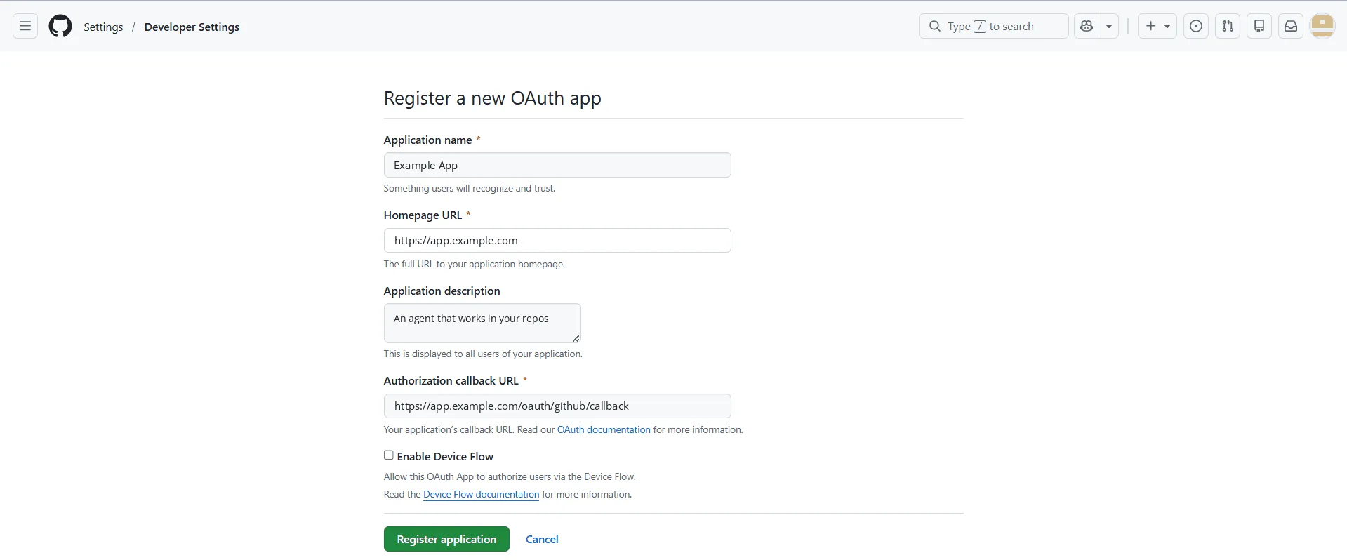 GitHub's Register a new OAuth app form, filled in: application name Example App, homepage https://app.example.com, a short description, and authorization callback URL https://app.example.com/oauth/github/callback. Enable Device Flow is unticked.