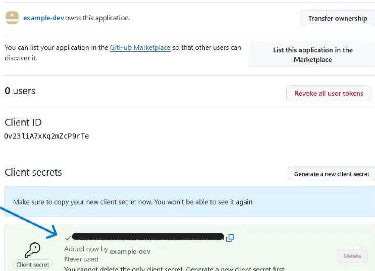 The OAuth App's page: the client ID, and a newly generated client secret with a notice to copy it now because it won't be shown again.