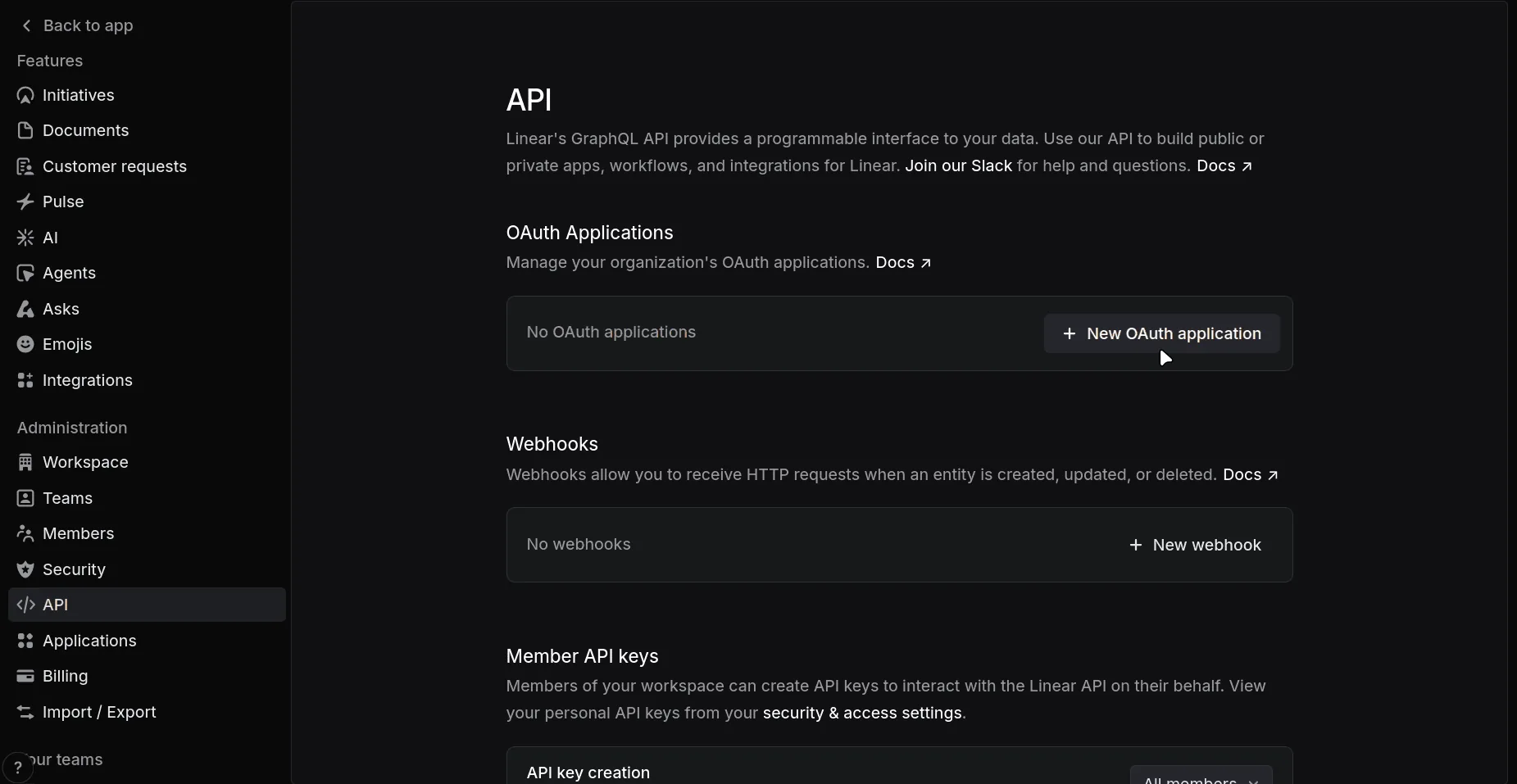 Linear's API settings page, with a New OAuth application button in the OAuth Applications section.
