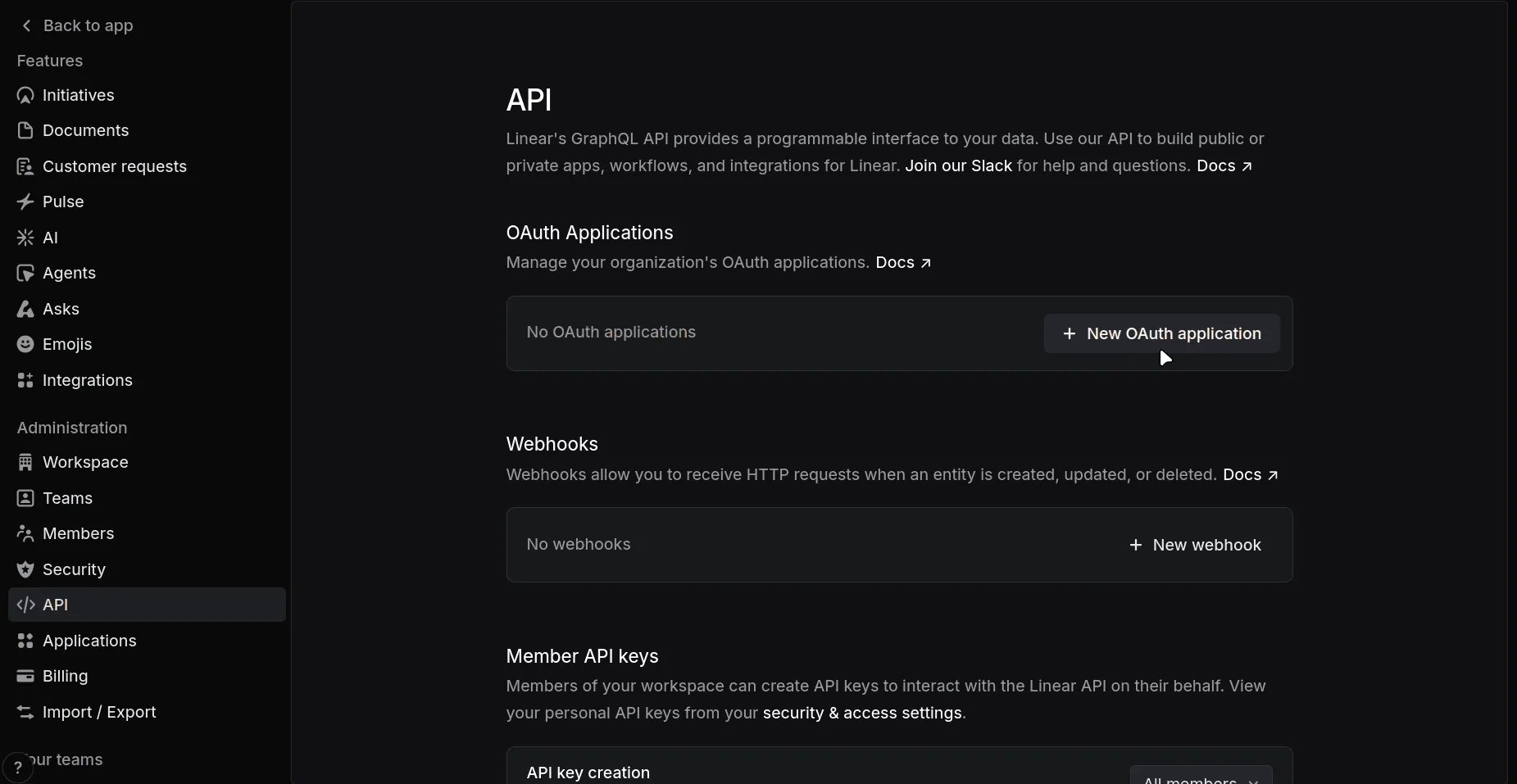 Linear's API settings page, with a New OAuth application button in the OAuth Applications section.