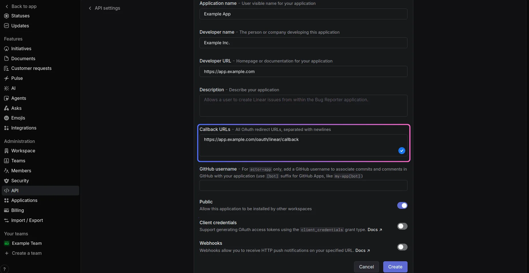 The new OAuth application form: application name Example App, developer name Example Inc., developer URL https://app.example.com, callback URL https://app.example.com/oauth/linear/callback (highlighted), an empty GitHub username, Public switched on, and Client credentials and Webhooks switched off.