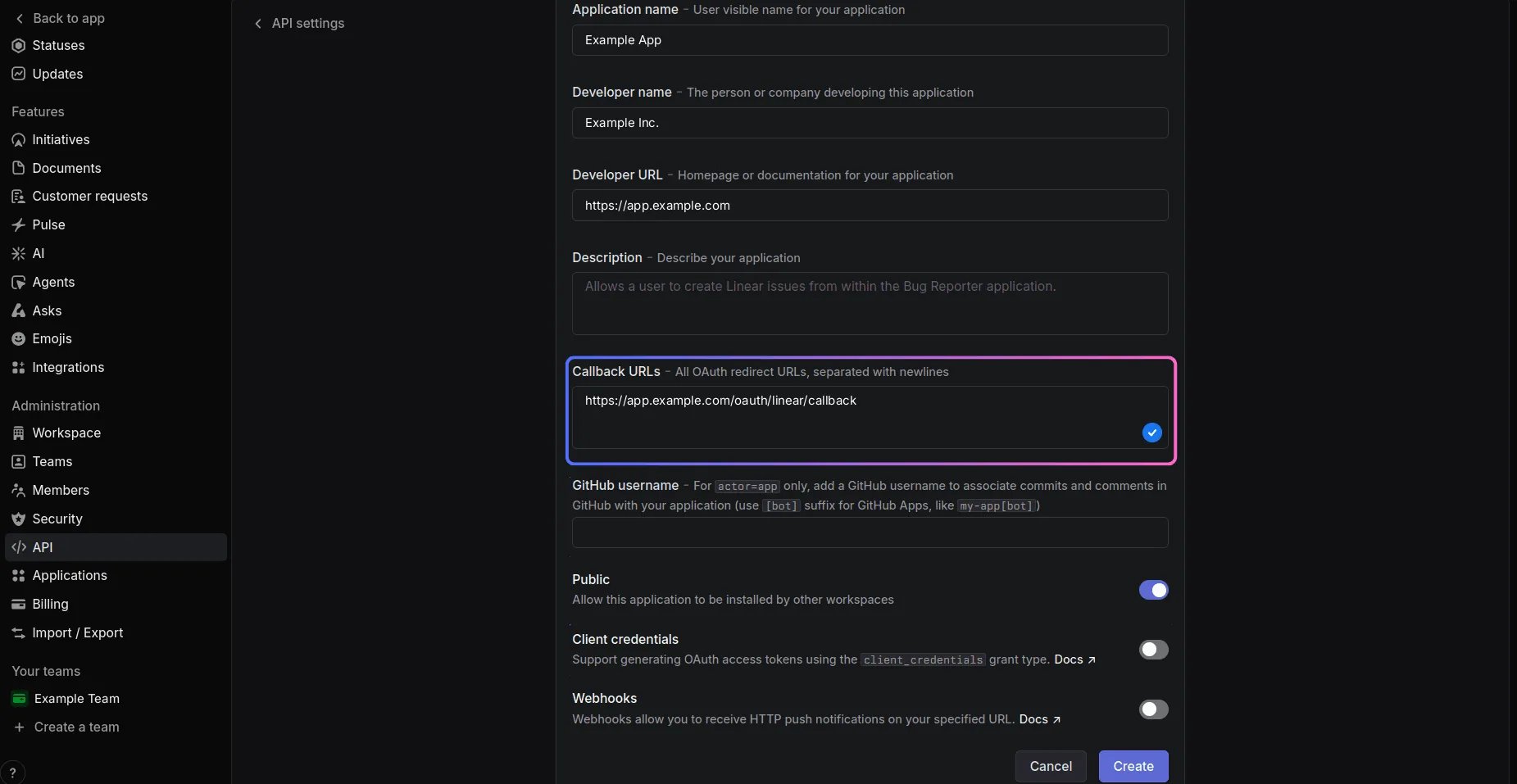 The new OAuth application form: application name Example App, developer name Example Inc., developer URL https://app.example.com, callback URL https://app.example.com/oauth/linear/callback (highlighted), an empty GitHub username, Public switched on, and Client credentials and Webhooks switched off.