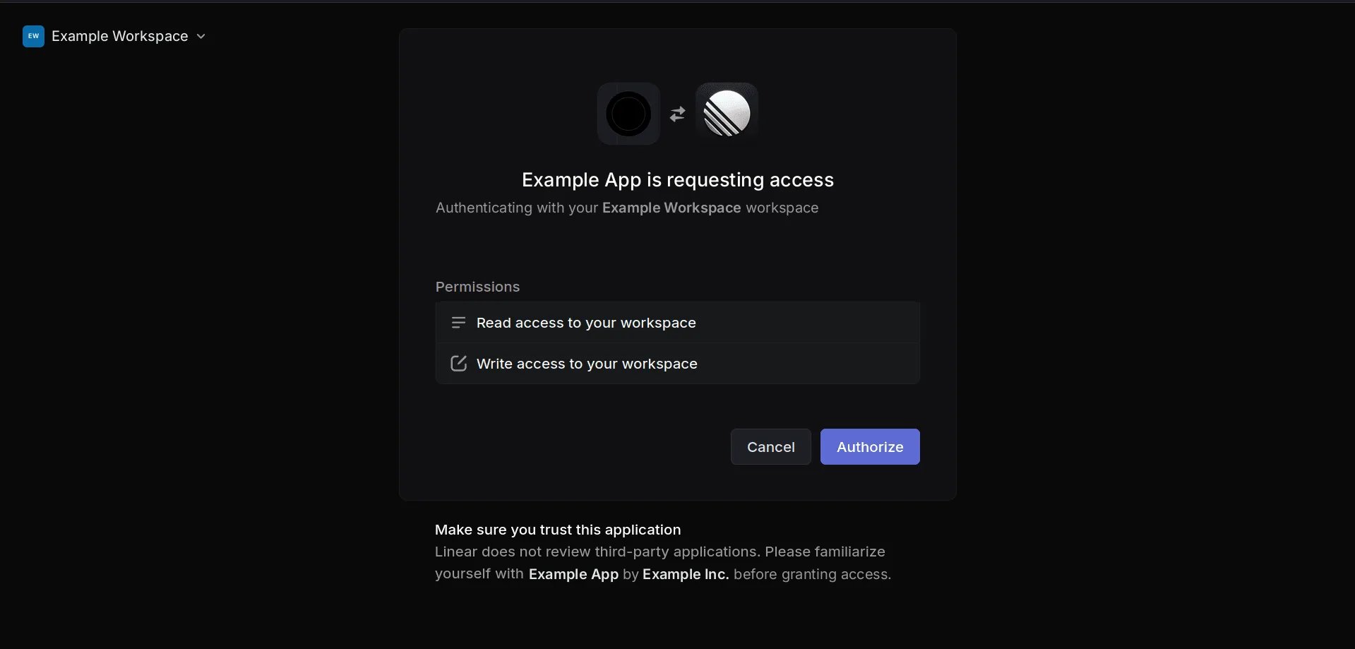 Linear's consent screen: Example App is requesting access to the Example Workspace workspace, with read and write access listed, and Cancel and Authorize buttons.
