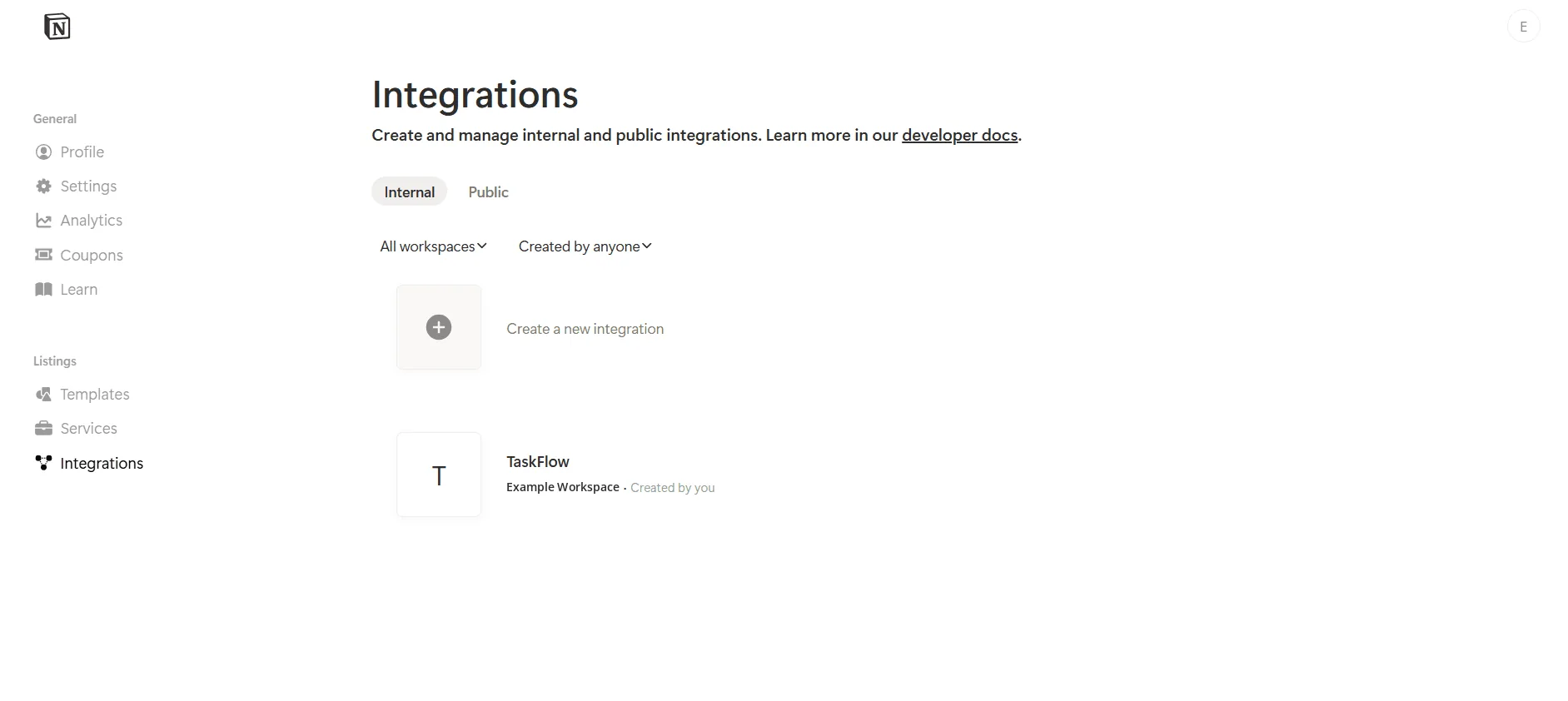 Notion's Integrations page, with Internal and Public tabs and a Create a new integration tile above an existing integration.