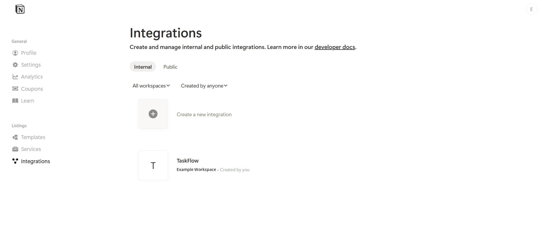 Notion's Integrations page, with Internal and Public tabs and a Create a new integration tile above an existing integration.