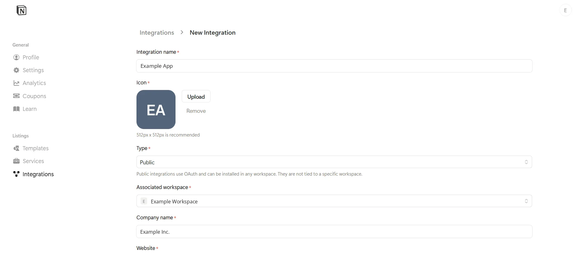 The New Integration form: integration name Example App, an icon, type Public, associated workspace Example Workspace, and company name Example Inc.