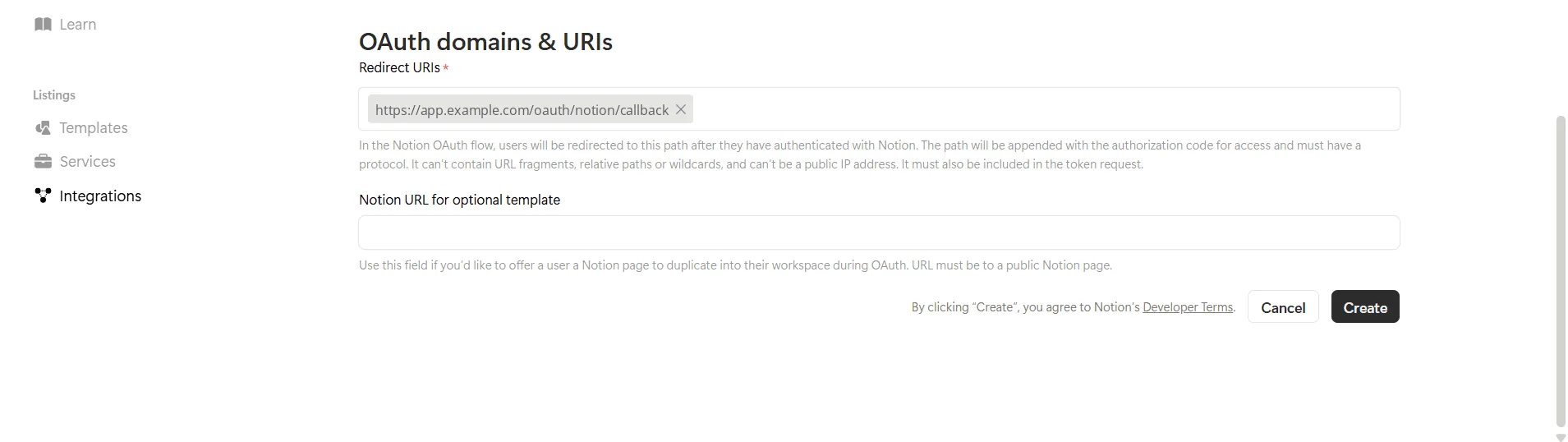 The OAuth domains & URIs section with https://app.example.com/oauth/notion/callback entered as a redirect URI.