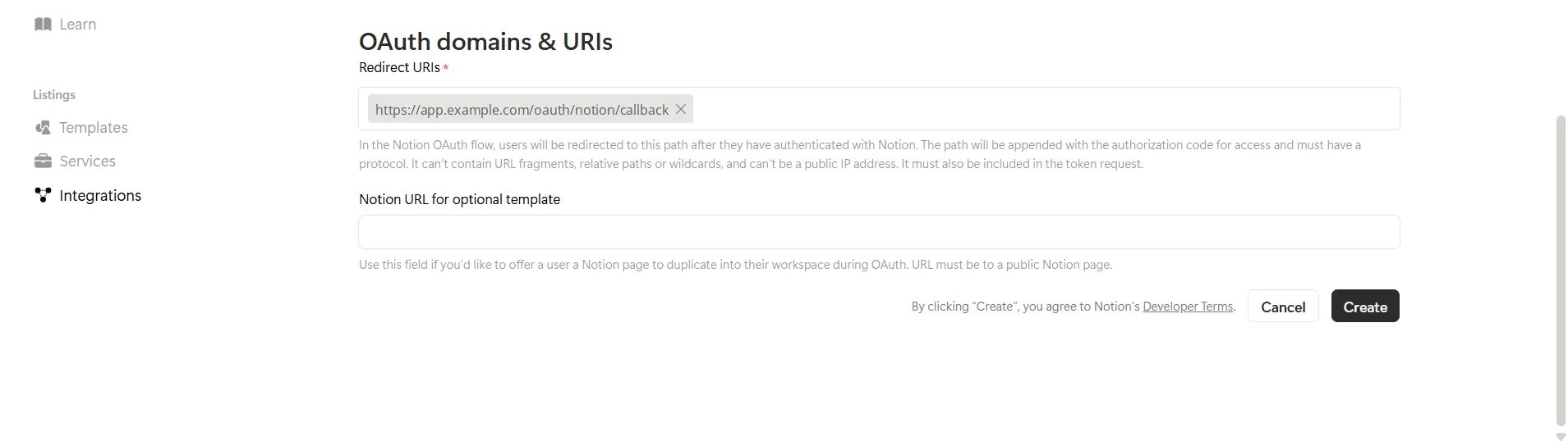 The OAuth domains & URIs section with https://app.example.com/oauth/notion/callback entered as a redirect URI.