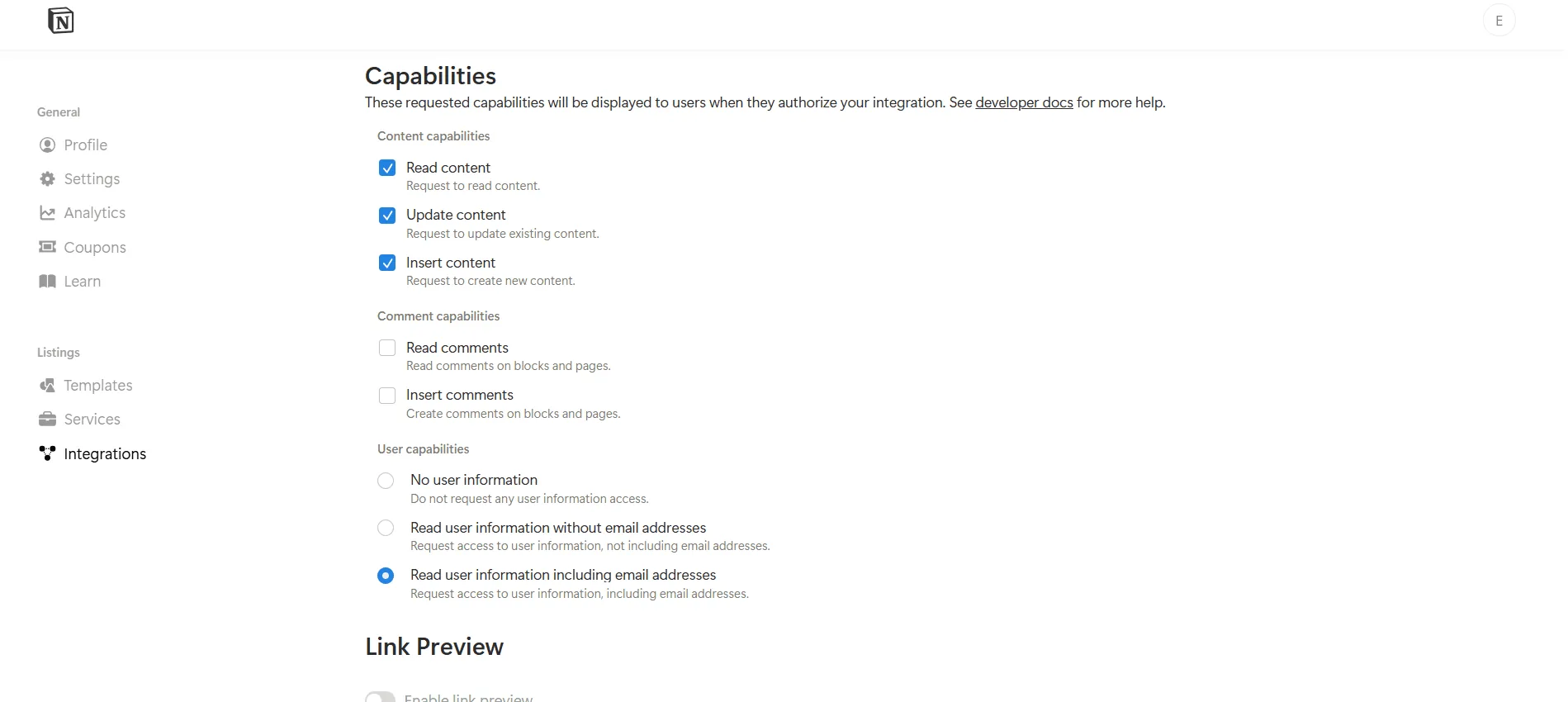The Capabilities section: Read, Update and Insert content ticked, the two comment capabilities unticked, and Read user information including email addresses selected.