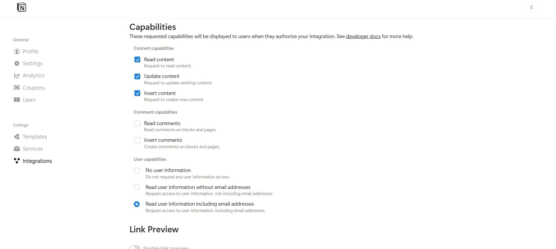 The Capabilities section: Read, Update and Insert content ticked, the two comment capabilities unticked, and Read user information including email addresses selected.