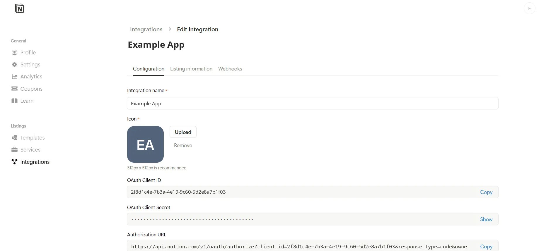 The Edit Integration page for Example App: the OAuth client ID, a masked OAuth client secret with a Show link, and the authorization URL.