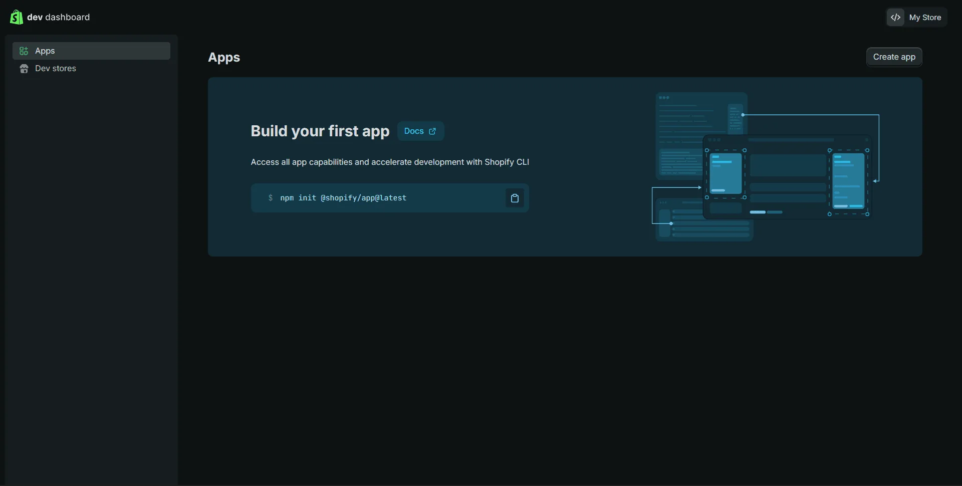 Shopify's Dev Dashboard Apps page, with a Create app button in the top-right corner.