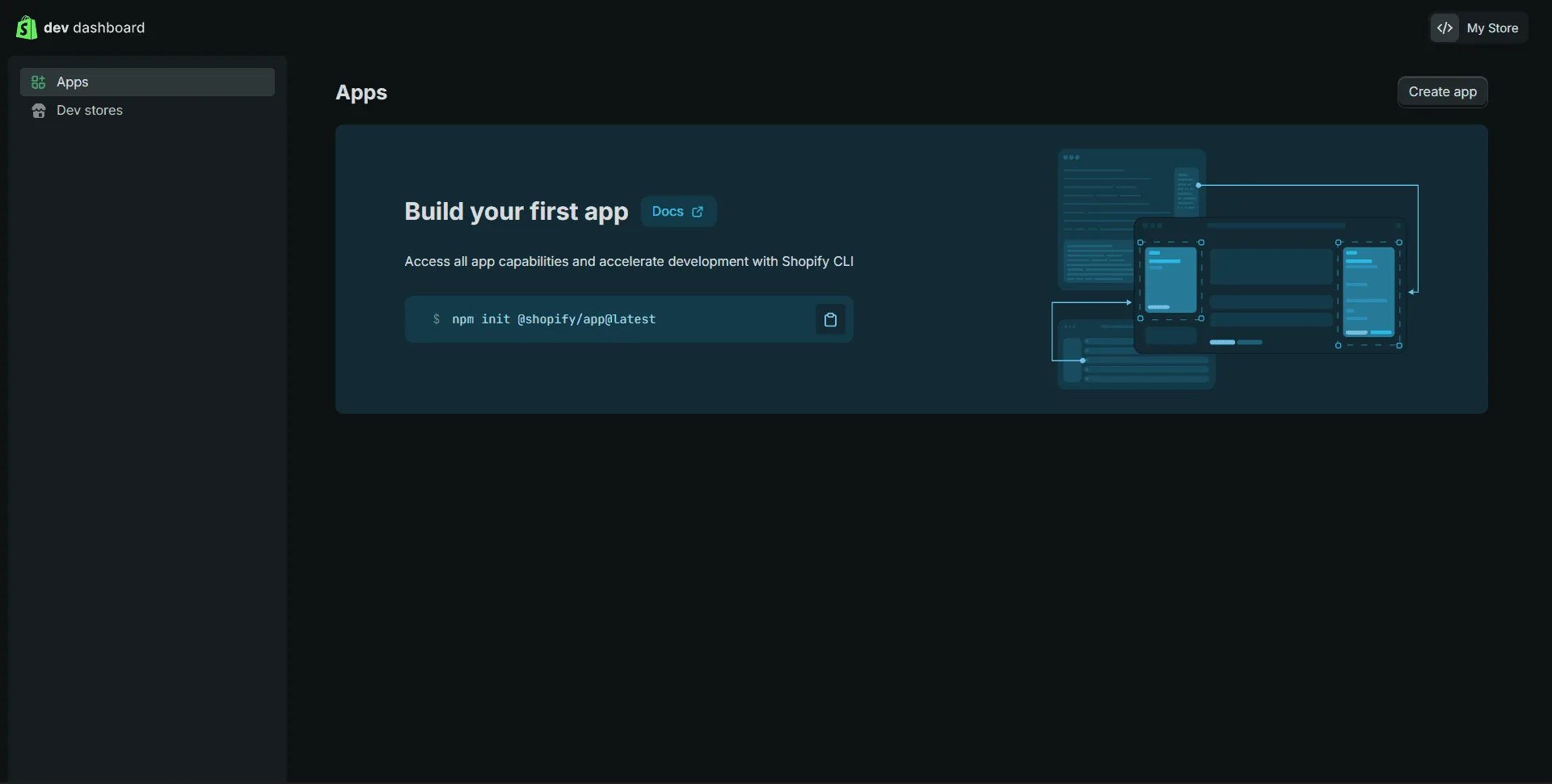 Shopify's Dev Dashboard Apps page, with a Create app button in the top-right corner.
