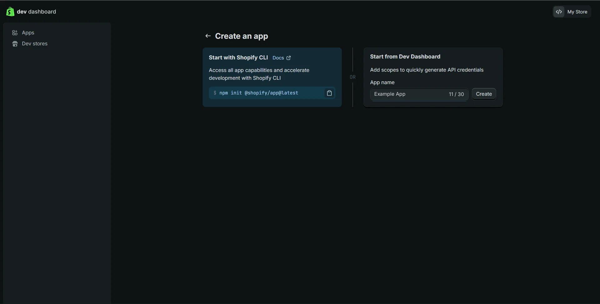 The Create an app page, with the app name Example App under Start from Dev Dashboard and a Create button.