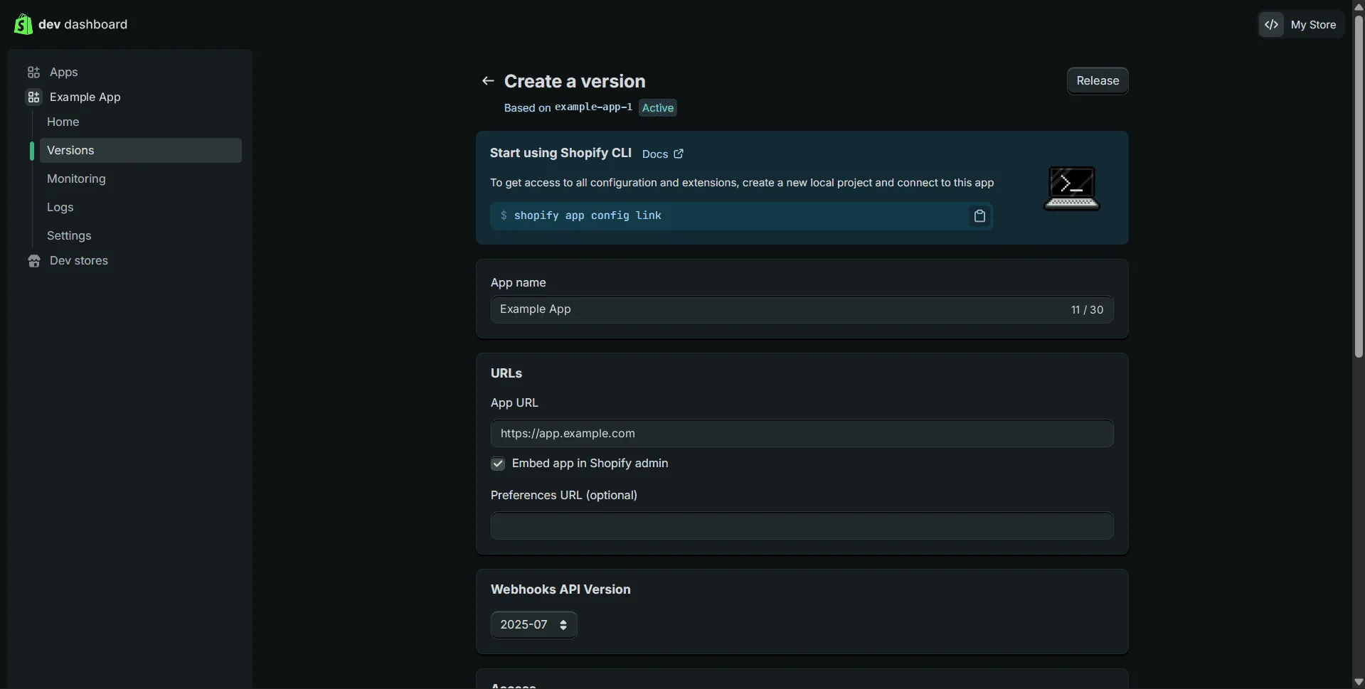 The Create a version page: app name Example App, and under URLs an App URL of https://app.example.com with Embed app in Shopify admin ticked.