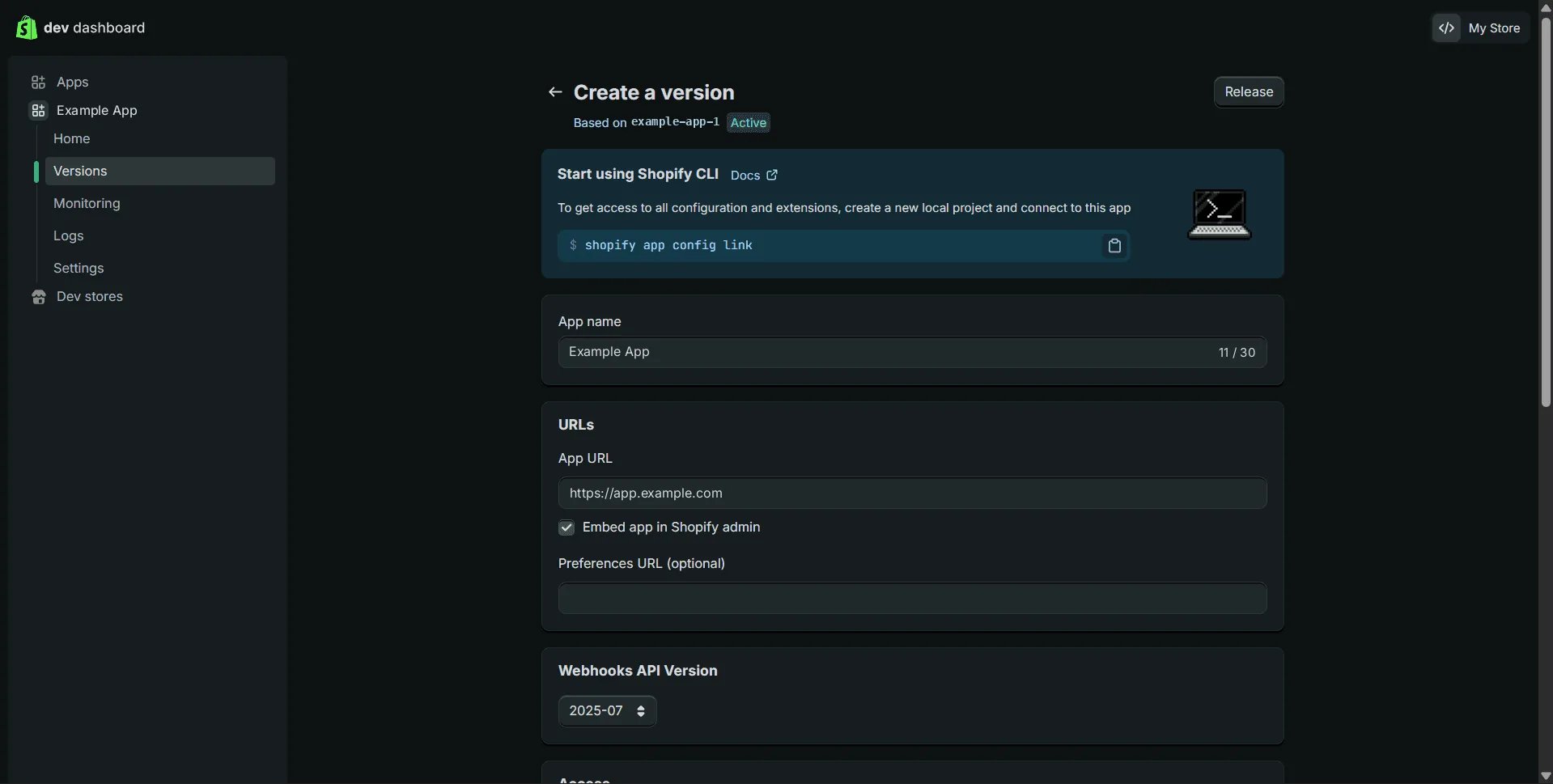 The Create a version page: app name Example App, and under URLs an App URL of https://app.example.com with Embed app in Shopify admin ticked.