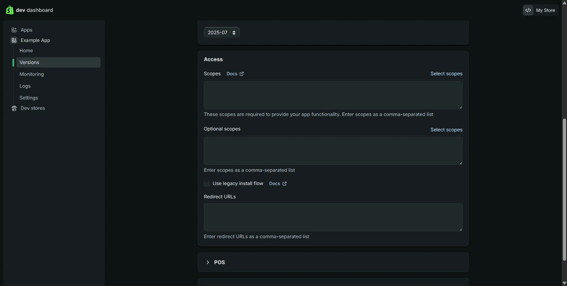 The version's Access section: empty Scopes and Optional scopes fields, each with a Select scopes link, and an empty Redirect URLs field.