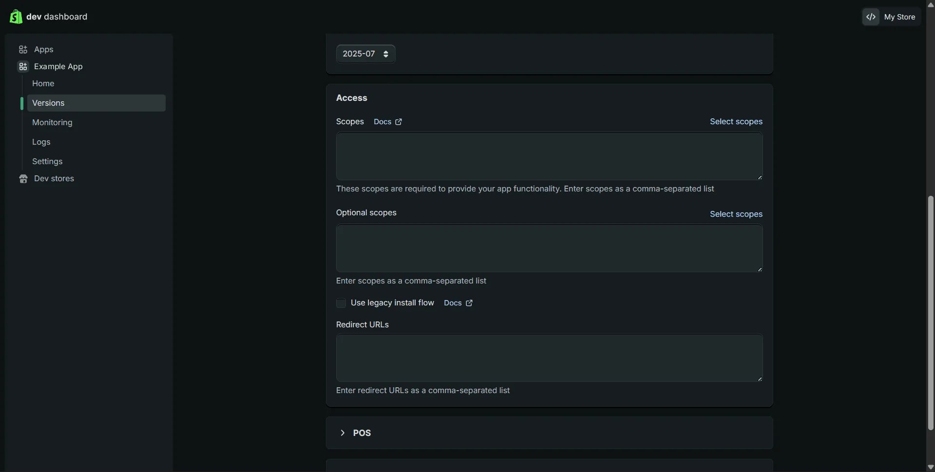 The version's Access section: empty Scopes and Optional scopes fields, each with a Select scopes link, and an empty Redirect URLs field.