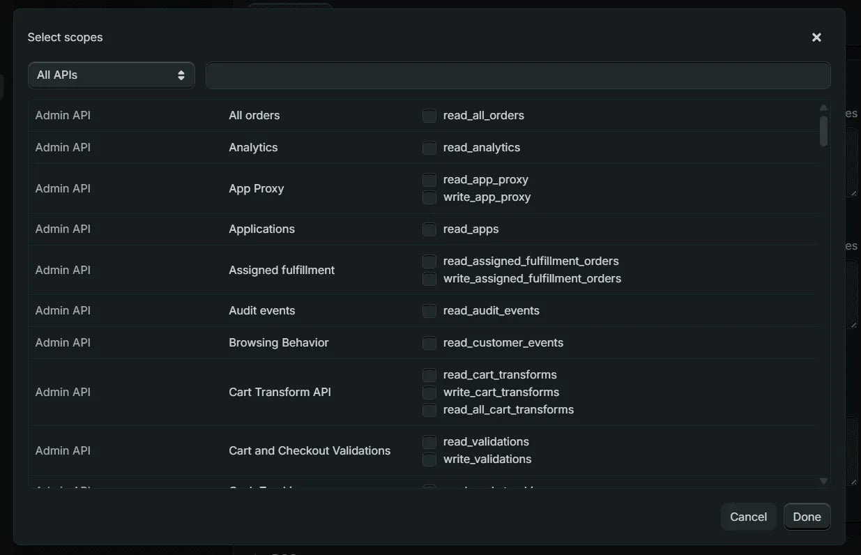The Select scopes dialog: Admin API resources listed with a read and write checkbox for each, and Cancel and Done buttons.