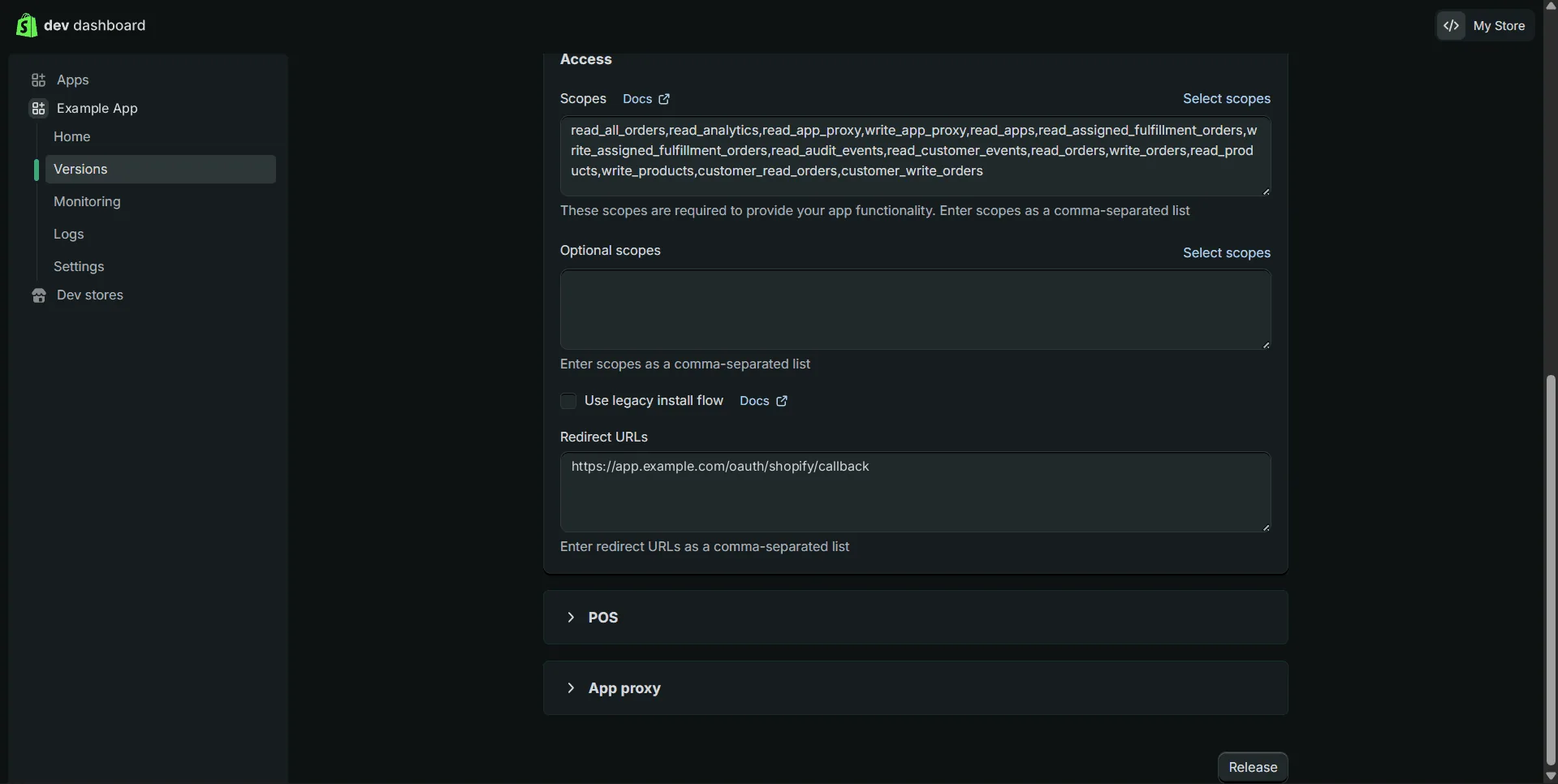 The version's Access section: a comma-separated list of scopes, an empty Optional scopes field, Use legacy install flow unticked, and https://app.example.com/oauth/shopify/callback under Redirect URLs.