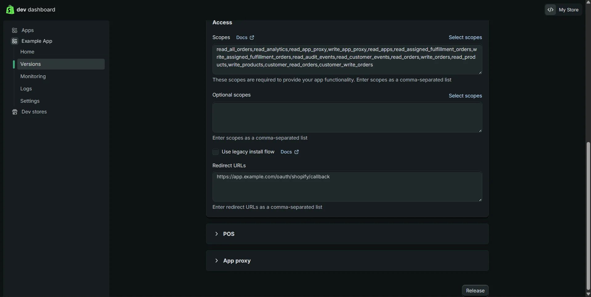 The version's Access section: a comma-separated list of scopes, an empty Optional scopes field, Use legacy install flow unticked, and https://app.example.com/oauth/shopify/callback under Redirect URLs.