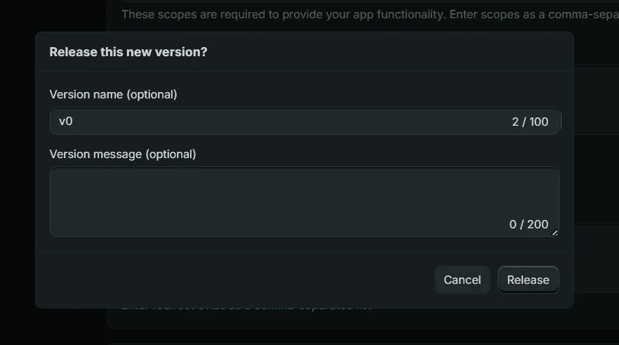 The Release this new version dialog, with an optional version name and message and a Release button.