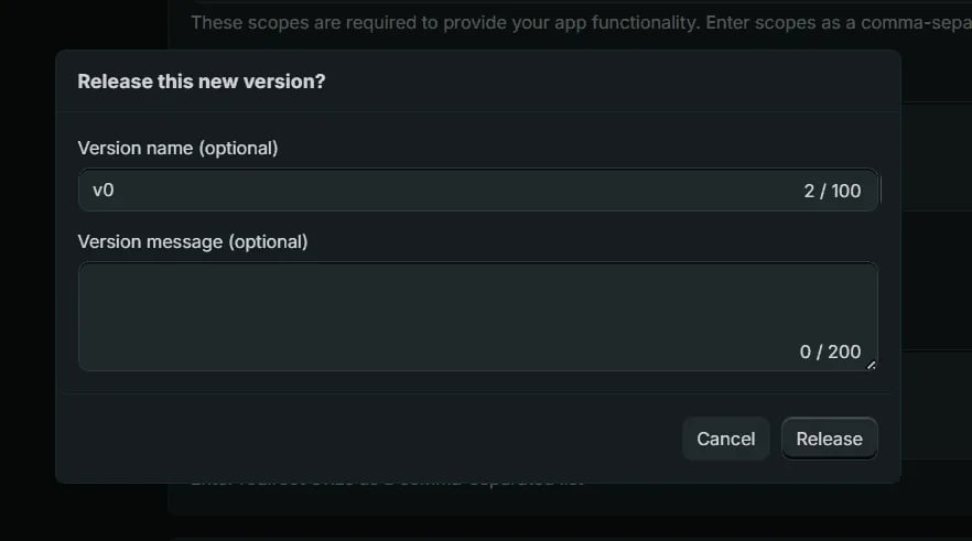 The Release this new version dialog, with an optional version name and message and a Release button.