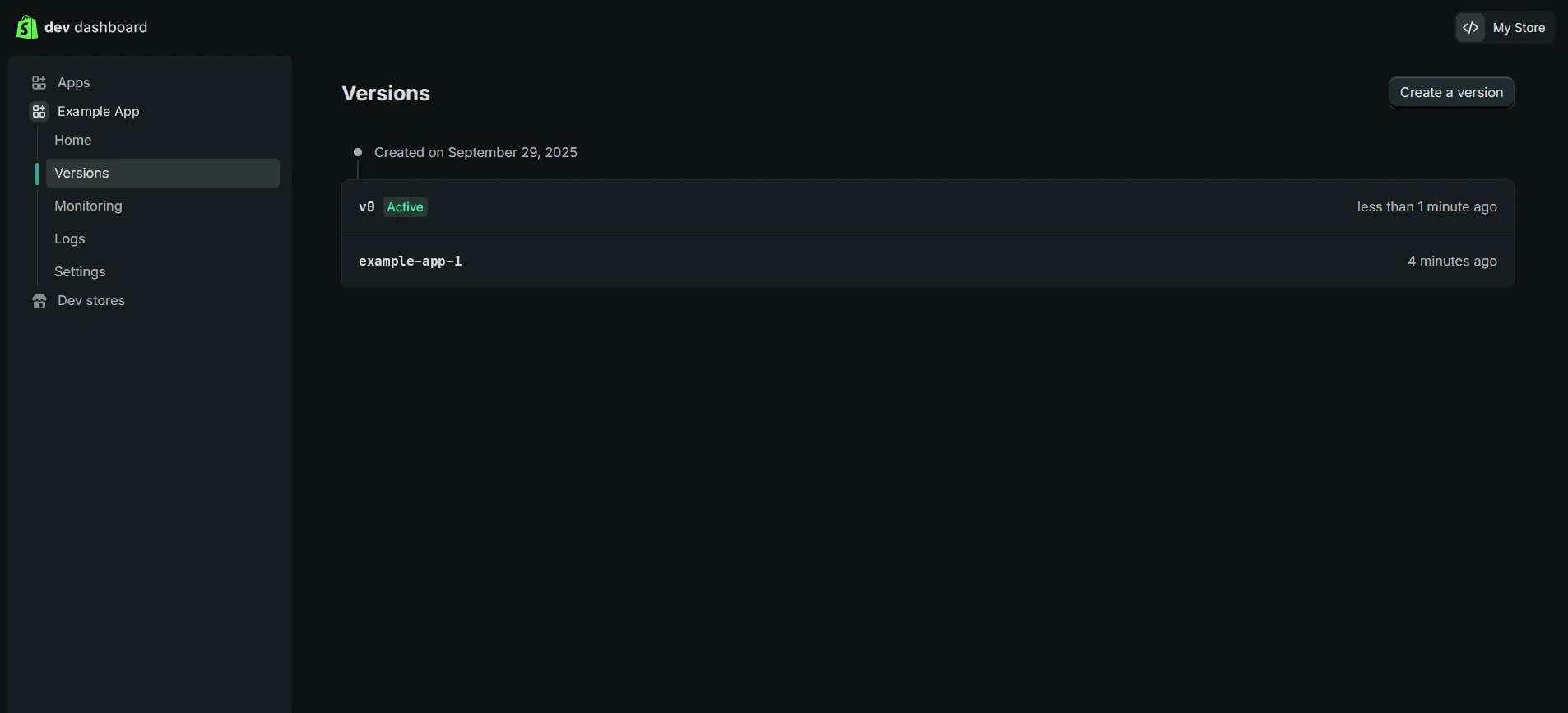 The app's Versions page, with the new version marked Active above the first one.