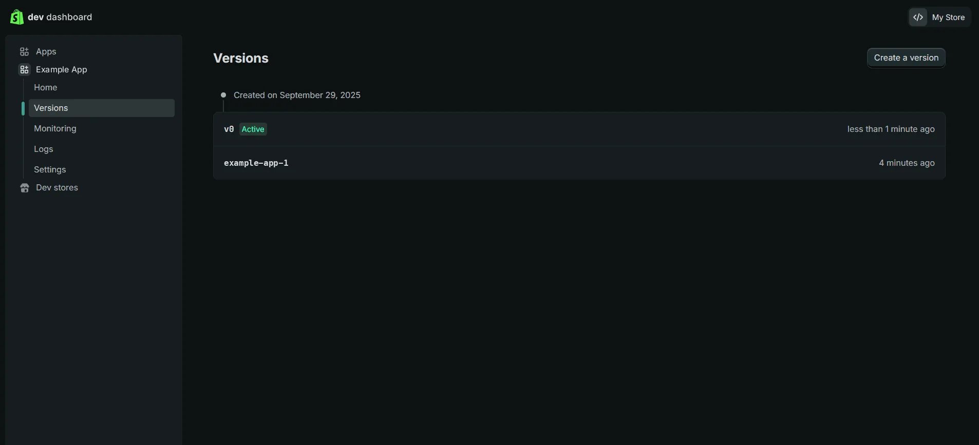 The app's Versions page, with the new version marked Active above the first one.