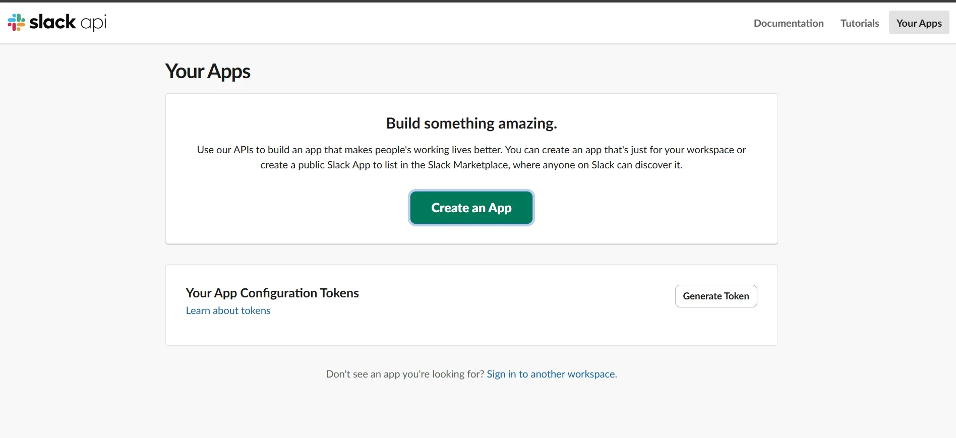 Slack's Your Apps page, with a green Create an App button in the middle.