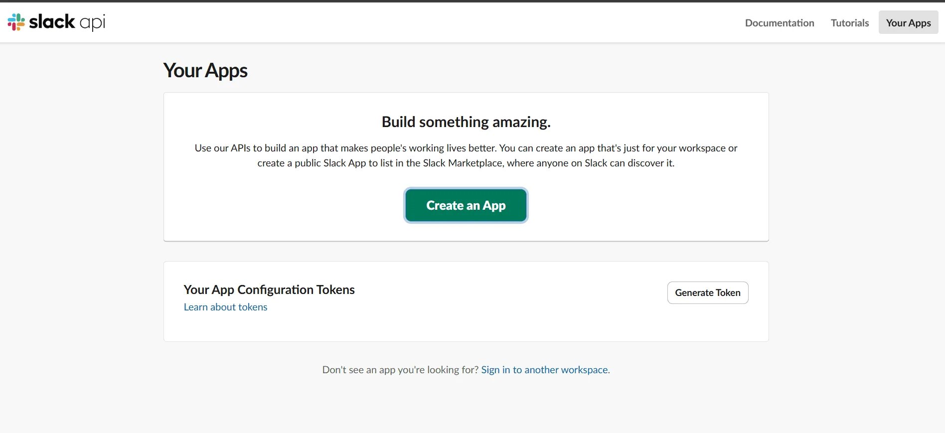 Slack's Your Apps page, with a green Create an App button in the middle.