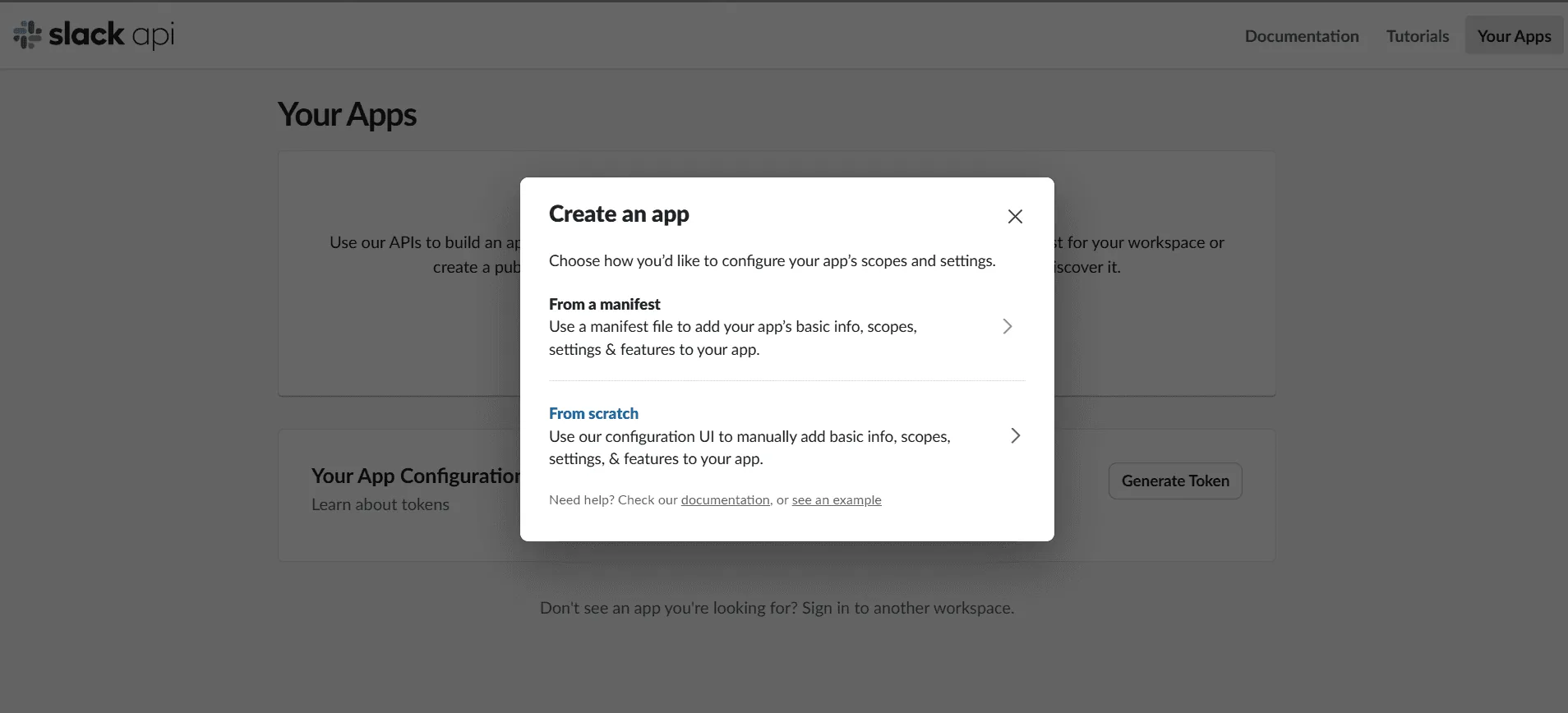 The Create an app dialog, offering From a manifest and From scratch.