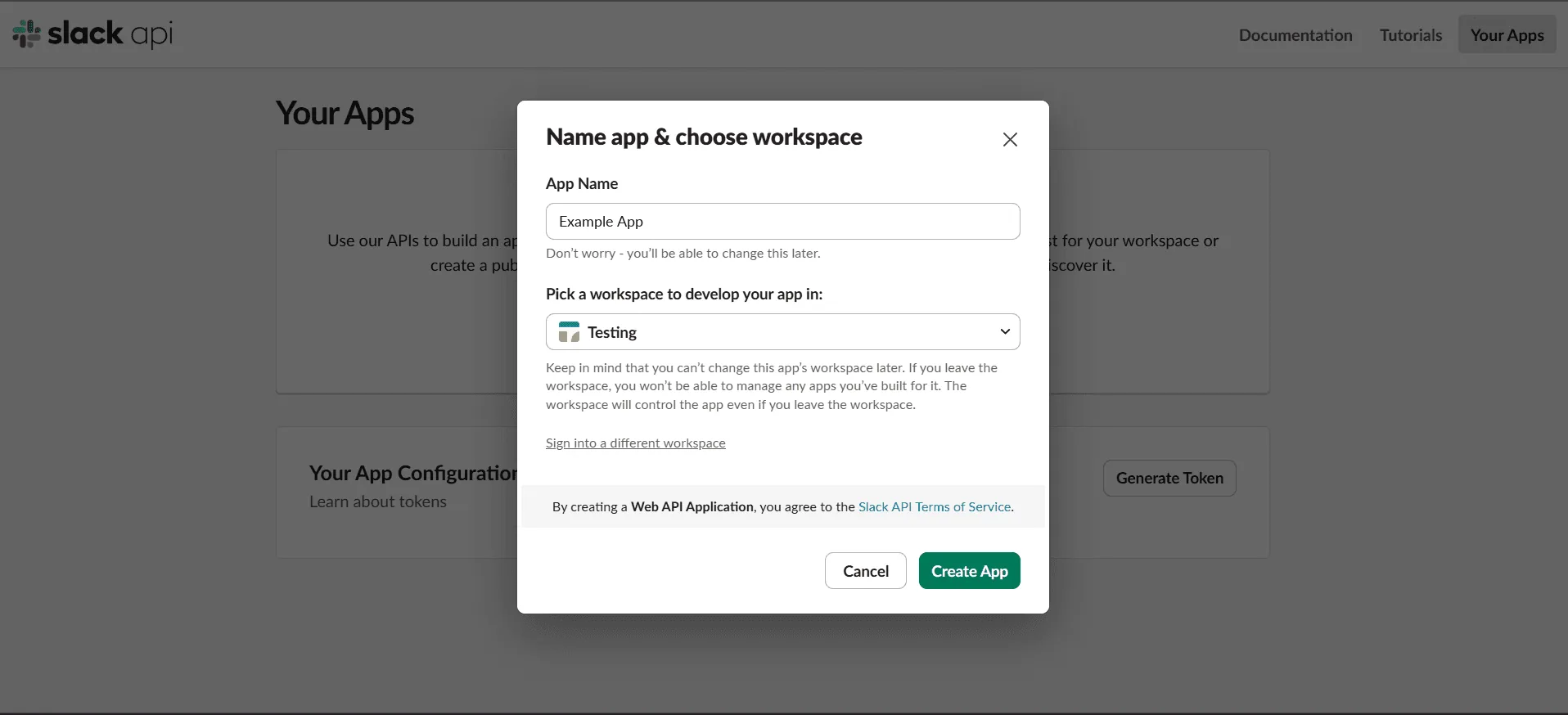 The Name app & choose workspace dialog, with Example App as the app name and a workspace selected.